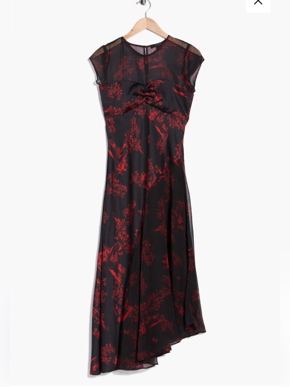 All Saints Black Dress with Maria Siren Red Floral Print and High-Low Hem